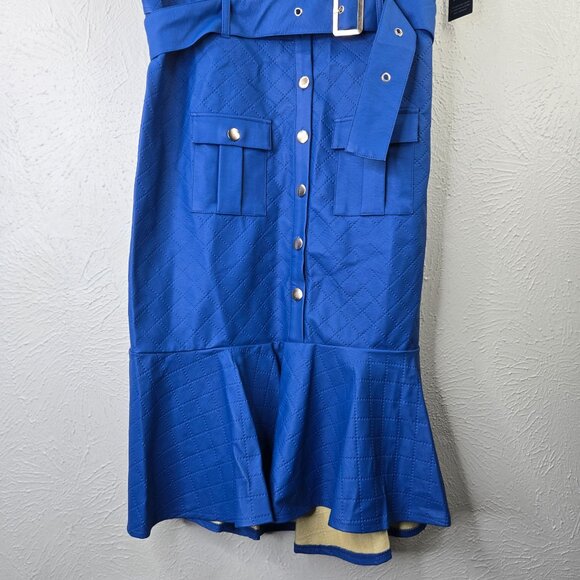 Ashley Stewart Faux Leather Midi Dress Royal Blue Button Down Belted Edgy Retro - Picture 6 of 13